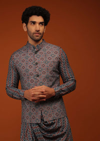 Maroon Nehru Jacket And Kurta Set In Ajrak And Chevron Print, Matching Print Kurta In Full Sleeves