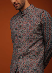 Maroon Nehru Jacket And Kurta Set In Ajrak And Chevron Print, Matching Print Kurta In Full Sleeves