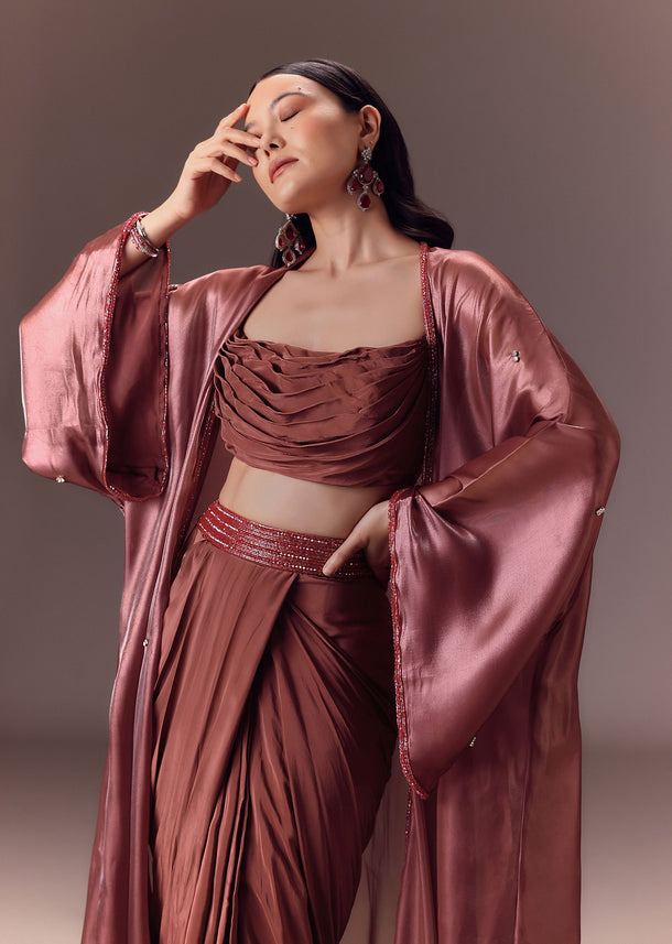Maroon Organza Cowl Blouse With Jacket And Draped Skirt