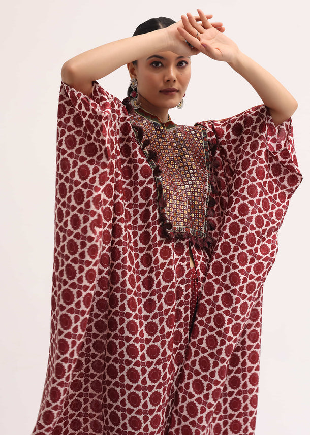 Maroon Printed Crepe Kaftan Kurta Set