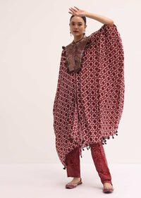 Maroon Printed Crepe Kaftan Kurta Set