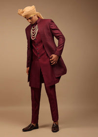 Maroon Raw Silk Sherwani With Golden Sequins