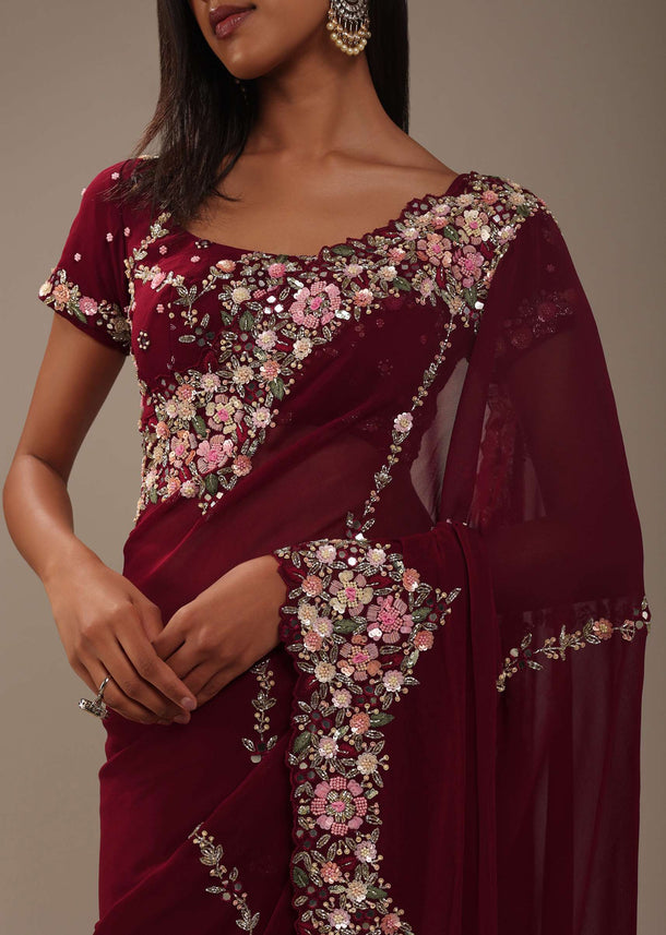 Maroon Red 3D Embroidered Saree In Tissue Silk