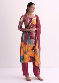 Maroon Red Abstract Floral Print Kurti Pant Set With Dupatta