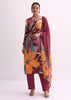 Maroon Red Abstract Floral Print Kurti Pant Set With Dupatta