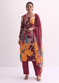 Maroon Red Abstract Floral Print Kurti Pant Set With Dupatta