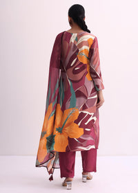 Maroon Red Abstract Floral Print Kurti Pant Set With Dupatta