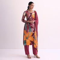 Maroon Red Abstract Floral Print Kurti Pant Set With Dupatta