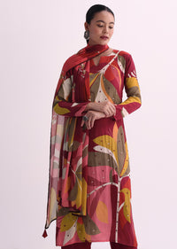 Maroon Red Abstract Printed Kurti Pant Set With Dupatta