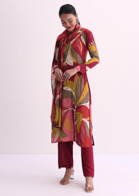 Maroon Red Abstract Printed Kurti Pant Set With Dupatta