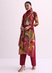 Maroon Red Abstract Printed Kurti Pant Set With Dupatta