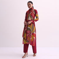 Maroon Red Abstract Printed Kurti Pant Set With Dupatta