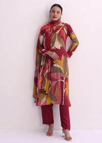 Maroon Red Abstract Printed Kurti Pant Set With Dupatta