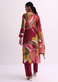 Maroon Red Abstract Printed Kurti Pant Set With Dupatta