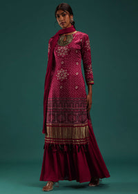 Maroon Red Bandhani Printed Kurti And Sharara Set With Zari Work