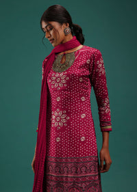 Maroon Red Bandhani Printed Kurti And Sharara Set With Zari Work