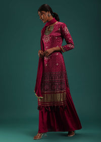 Maroon Red Bandhani Printed Kurti And Sharara Set With Zari Work