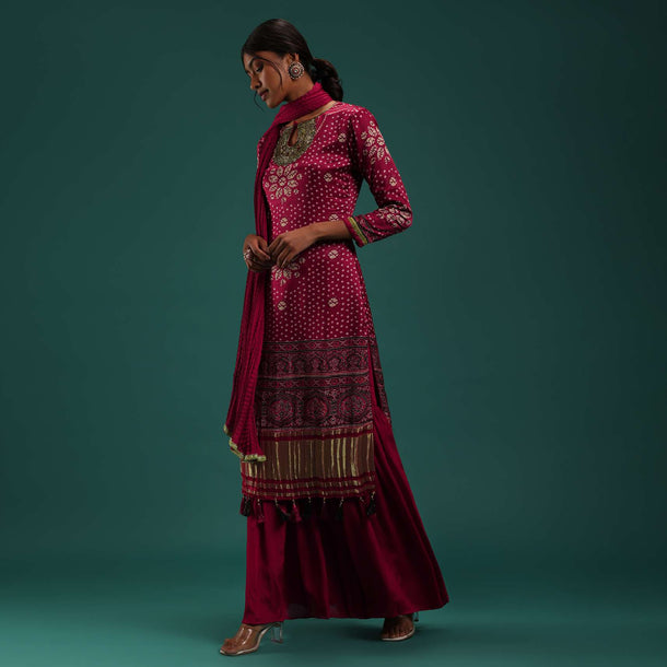 Maroon Red Bandhani Printed Kurti And Sharara Set With Zari Work