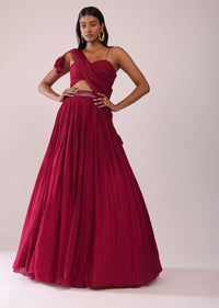 Maroon Red Chiffon Lehenga Blouse Set With One Side Shoulder Drape