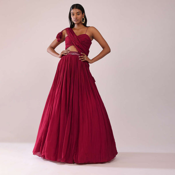 Maroon Red Chiffon Lehenga Blouse Set With One Side Shoulder Drape