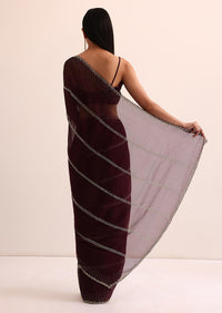 Maroon Red Chinon Silk Saree With Cut Dana Work And Unstitched Blouse