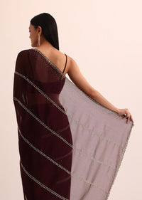 Maroon Red Chinon Silk Saree With Cut Dana Work And Unstitched Blouse