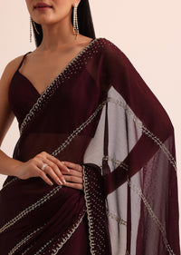 Maroon Red Chinon Silk Saree With Cut Dana Work And Unstitched Blouse