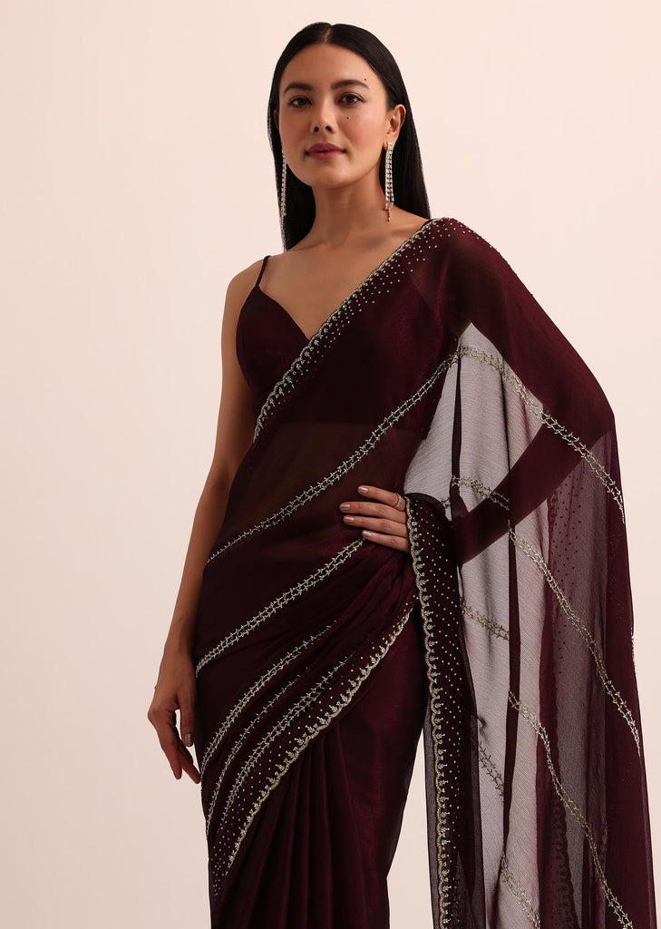 Maroon Red Chinon Silk Saree With Cut Dana Work And Unstitched Blouse