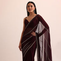Maroon Red Chinon Silk Saree With Cut Dana Work And Unstitched Blouse
