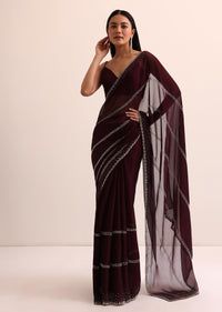 Maroon Red Chinon Silk Saree With Cut Dana Work And Unstitched Blouse