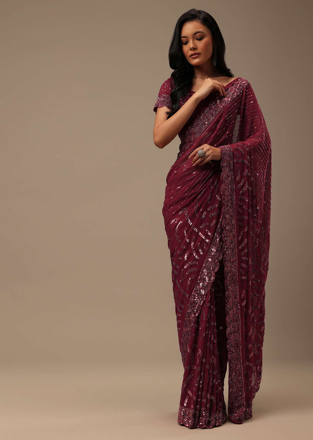Maroon Red Georgette Saree With Sequins Embroidery