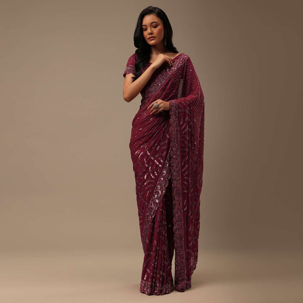 Maroon Red Georgette Saree With Sequins Embroidery