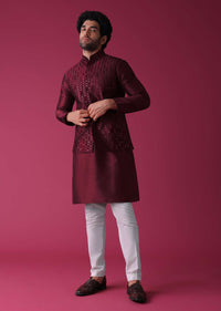 Maroon Red Jacket Kurta Set In Silk With Threadwork