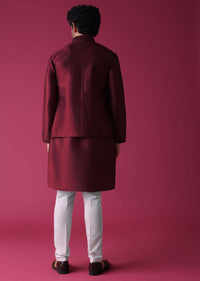 Maroon Red Jacket Kurta Set In Silk With Threadwork