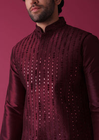 Maroon Red Jacket Kurta Set In Silk With Threadwork