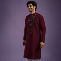 Maroon Red Kurta Set In Art Silk With Mirror Embroidery