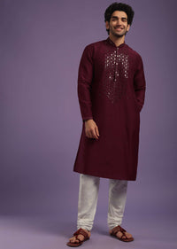 Maroon Red Kurta Set In Art Silk With Mirror Embroidery