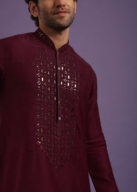 Maroon Red Kurta Set In Art Silk With Mirror Embroidery