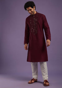 Maroon Red Kurta Set In Art Silk With Mirror Embroidery
