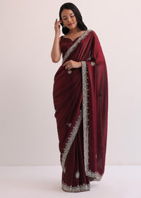 Maroon Red Organza Saree With Scalloped Border