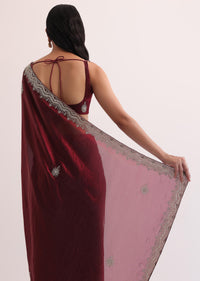 Maroon Red Organza Saree With Scalloped Border