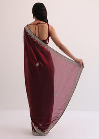 Maroon Red Organza Saree With Scalloped Border