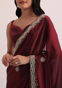 Maroon Red Organza Saree With Scalloped Border