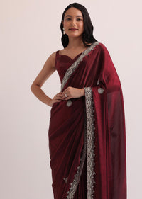 Maroon Red Organza Saree With Scalloped Border