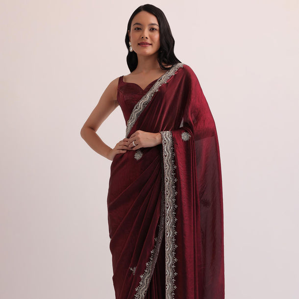 Maroon Red Organza Saree With Scalloped Border