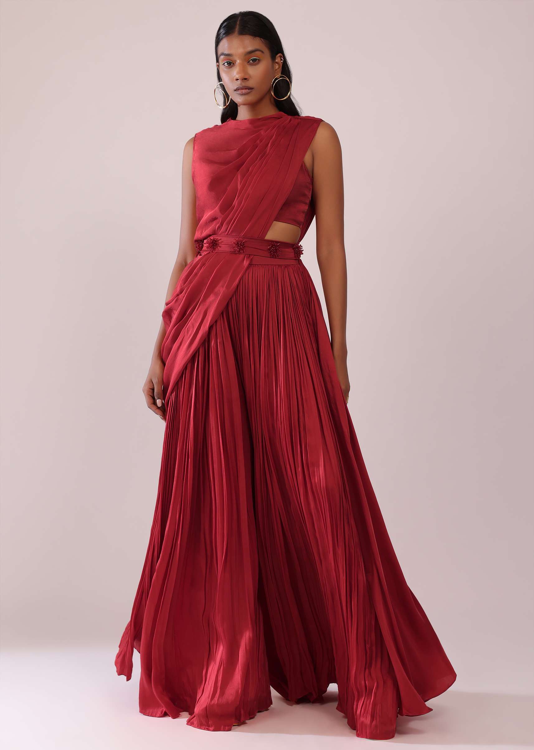 Maroon Red Satin Rushing Palazzo And Bustier Set With Draped Cape