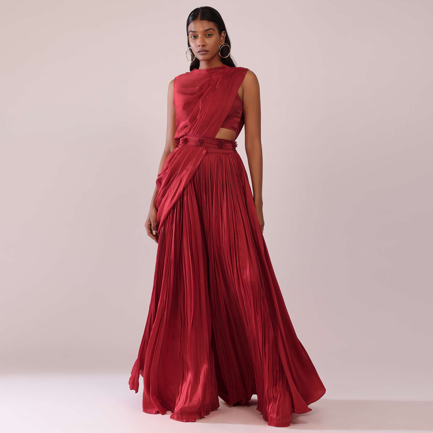 Maroon Red Satin Rushing Palazzo And Bustier Set With Draped Cape