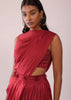 Maroon Red Satin Rushing Palazzo And Bustier Set With Draped Cape