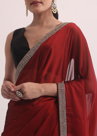 Maroon Red Satin Saree In Stone Embroidery With Unstitched Blouse