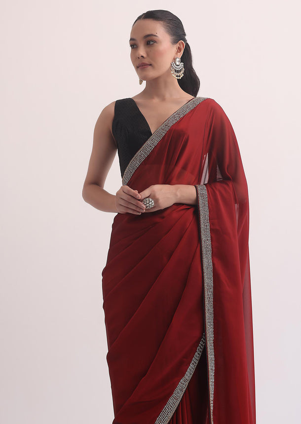 Maroon Red Satin Saree In Stone Embroidery With Unstitched Blouse